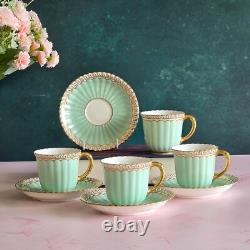 Lovely 4 Royal Crown Derby Coffee Cups & Saucers Set Green & Gilded Rim Great