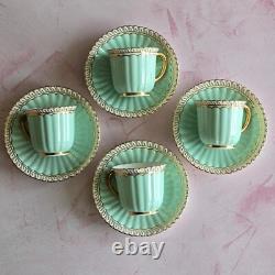 Lovely 4 Royal Crown Derby Coffee Cups & Saucers Set Green & Gilded Rim Great