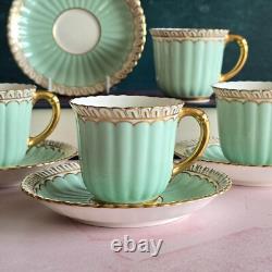 Lovely 4 Royal Crown Derby Coffee Cups & Saucers Set Green & Gilded Rim Great