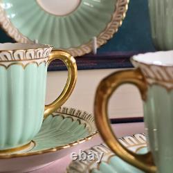 Lovely 4 Royal Crown Derby Coffee Cups & Saucers Set Green & Gilded Rim Great