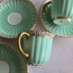 Lovely 4 Royal Crown Derby Coffee Cups & Saucers Set Green & Gilded Rim Great