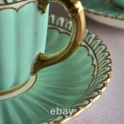 Lovely 4 Royal Crown Derby Coffee Cups & Saucers Set Green & Gilded Rim Great