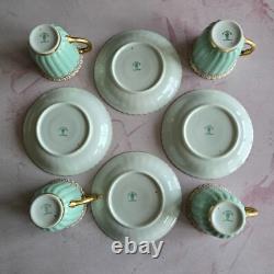 Lovely 4 Royal Crown Derby Coffee Cups & Saucers Set Green & Gilded Rim Great