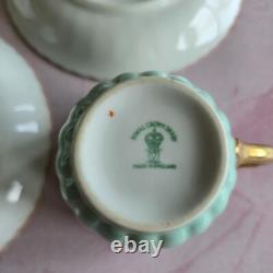 Lovely 4 Royal Crown Derby Coffee Cups & Saucers Set Green & Gilded Rim Great