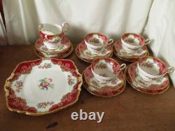 Lovely Vintage Paragon Floral Red Pink Honiton Gilded Double Warrant 18 Pieces
