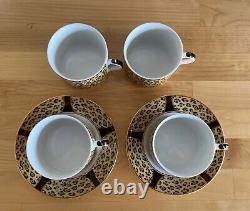 Lynn Chase Amazonian Jaguar Cup and Saucer 24k Gold Rim Set of 4 Cups 2 Saucers