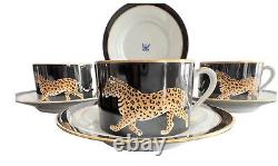 Lynn Chase JAGUAR JUNGLE Cup and Saucer 24k Gold Rim Mint SET OF 4