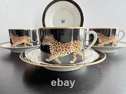 Lynn Chase JAGUAR JUNGLE Cup and Saucer 24k Gold Rim Mint SET OF 4