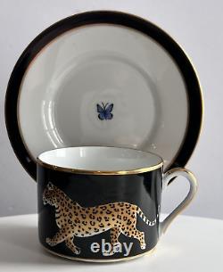 Lynn Chase JAGUAR JUNGLE Cup and Saucer 24k Gold Rim Mint SET OF 4