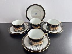 Lynn Chase JAGUAR JUNGLE Cup and Saucer 24k Gold Rim Mint SET OF 4