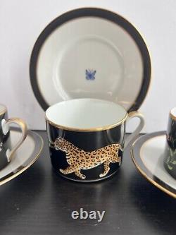 Lynn Chase JAGUAR JUNGLE Cup and Saucer 24k Gold Rim Mint SET OF 4