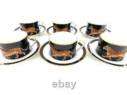 Lynn Chase Jaguar Jungle Set Of Six Porcelain Cups And Saucers Black Gold Jaguar