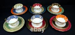 MCM Coffee Tea Set of 6 Plates & Cups/Saucers Mixed Colors w Gold Flowers (ECK)