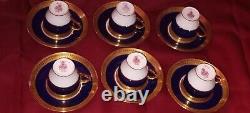 MINTONS EST. 1793 ENGLAD 6 COBALT BLUE&GOLD ENCRUSTED DEMITASSE CUPS and SAUCERS