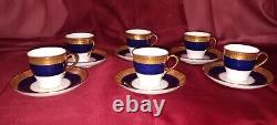 MINTONS EST. 1793 ENGLAD 6 COBALT BLUE&GOLD ENCRUSTED DEMITASSE CUPS and SAUCERS