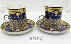 MINTON Gold plated lapis lazuli Cup & Saucer Pair sterling silver handle Antique