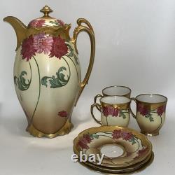 MZ Austria Floral Hand Painted Gold Chocolate Coffee Pot cups saucers 1900s