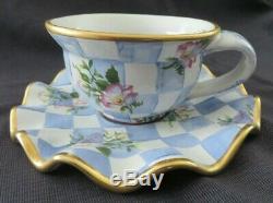 Mackenzie Childs Honeymoon Blue Check Morning Glory Cup & Saucer Gold Trim