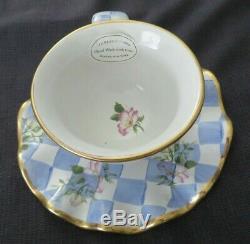 Mackenzie Childs Honeymoon Blue Check Morning Glory Cup & Saucer Gold Trim