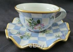 Mackenzie Childs Honeymoon Blue Check Morning Glory Cup & Saucer Gold Trim