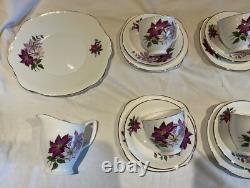 Marie Productions Teacup & Saucer Set Purple Clematis Bone China 22CT Gold