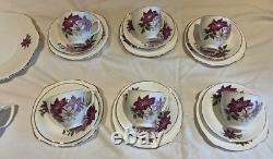 Marie Productions Teacup & Saucer Set Purple Clematis Bone China 22CT Gold