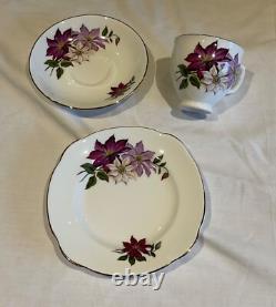 Marie Productions Teacup & Saucer Set Purple Clematis Bone China 22CT Gold