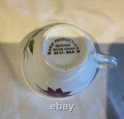 Marie Productions Teacup & Saucer Set Purple Clematis Bone China 22CT Gold