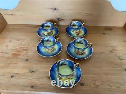 Marquis Fine China Handpainted And Carat Gold Set Of Five Tea Cups And Saucers