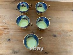 Marquis Fine China Handpainted And Carat Gold Set Of Five Tea Cups And Saucers