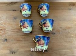 Marquis Fine China Handpainted And Carat Gold Set Of Five Tea Cups And Saucers