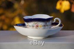 Meissen Demitasse Quatrefoil Cup & Saucer Cobalt Blue, Gold Trim, Small Flowers