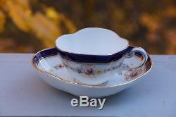 Meissen Demitasse Quatrefoil Cup & Saucer Cobalt Blue, Gold Trim, Small Flowers