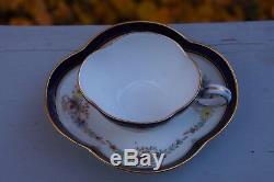 Meissen Demitasse Quatrefoil Cup & Saucer Cobalt Blue, Gold Trim, Small Flowers