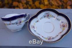 Meissen Demitasse Quatrefoil Cup & Saucer Cobalt Blue, Gold Trim, Small Flowers