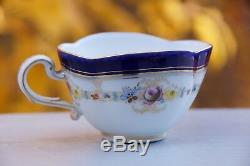 Meissen Demitasse Quatrefoil Cup & Saucer Cobalt Blue, Gold Trim, Small Flowers