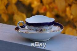 Meissen Demitasse Quatrefoil Cup & Saucer Cobalt Blue, Gold Trim, Small Flowers