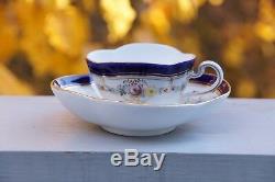 Meissen Demitasse Quatrefoil Cup & Saucer Cobalt Blue, Gold Trim, Small Flowers