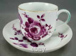 Meissen Dot Period Hand Painted Puce Rose & Gold Coffee Cup & Saucer C. 1763-1774