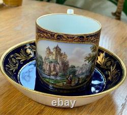 Meissen Große Tasse Schloßansicht Und Figuren Kobaltblau Fond Cup Saucer 1. Wahl