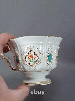 Meissen Hand Painted Flowers Gold Beaded Turquoise Biedermeier Tea Cup & Saucer