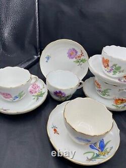 Meissen Hand Painted Flowers & Gold Entwined Handle Tea Cups & Saucers set of 5