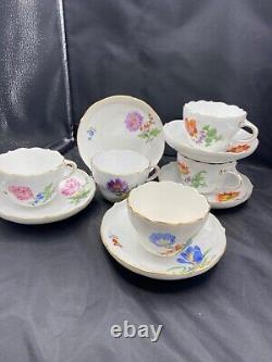 Meissen Hand Painted Flowers & Gold Entwined Handle Tea Cups & Saucers set of 5