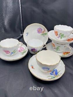 Meissen Hand Painted Flowers & Gold Entwined Handle Tea Cups & Saucers set of 5