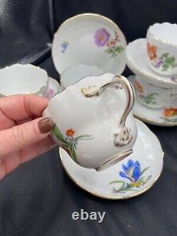 Meissen Hand Painted Flowers & Gold Entwined Handle Tea Cups & Saucers set of 5