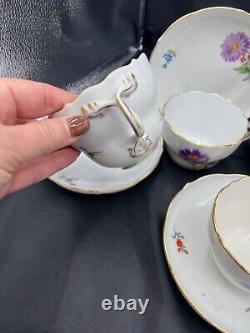 Meissen Hand Painted Flowers & Gold Entwined Handle Tea Cups & Saucers set of 5