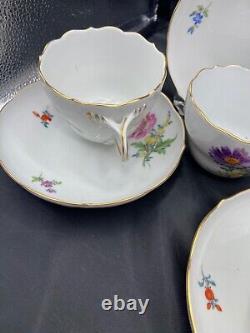 Meissen Hand Painted Flowers & Gold Entwined Handle Tea Cups & Saucers set of 5