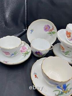 Meissen Hand Painted Flowers & Gold Entwined Handle Tea Cups & Saucers set of 5