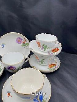 Meissen Hand Painted Flowers & Gold Entwined Handle Tea Cups & Saucers set of 5