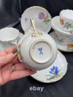 Meissen Hand Painted Flowers & Gold Entwined Handle Tea Cups & Saucers set of 5